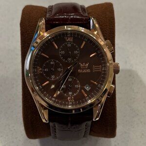 Olevs Brown Dial Chronograph Dress Watch – Gold Case, Leather Strap